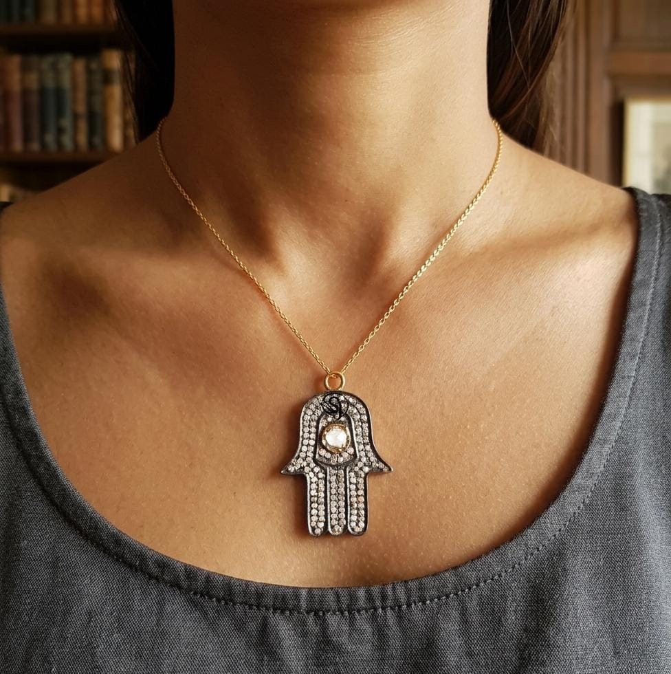 Handmade Sterling Silver Uncut Polki Diamond Hamsa Pendant