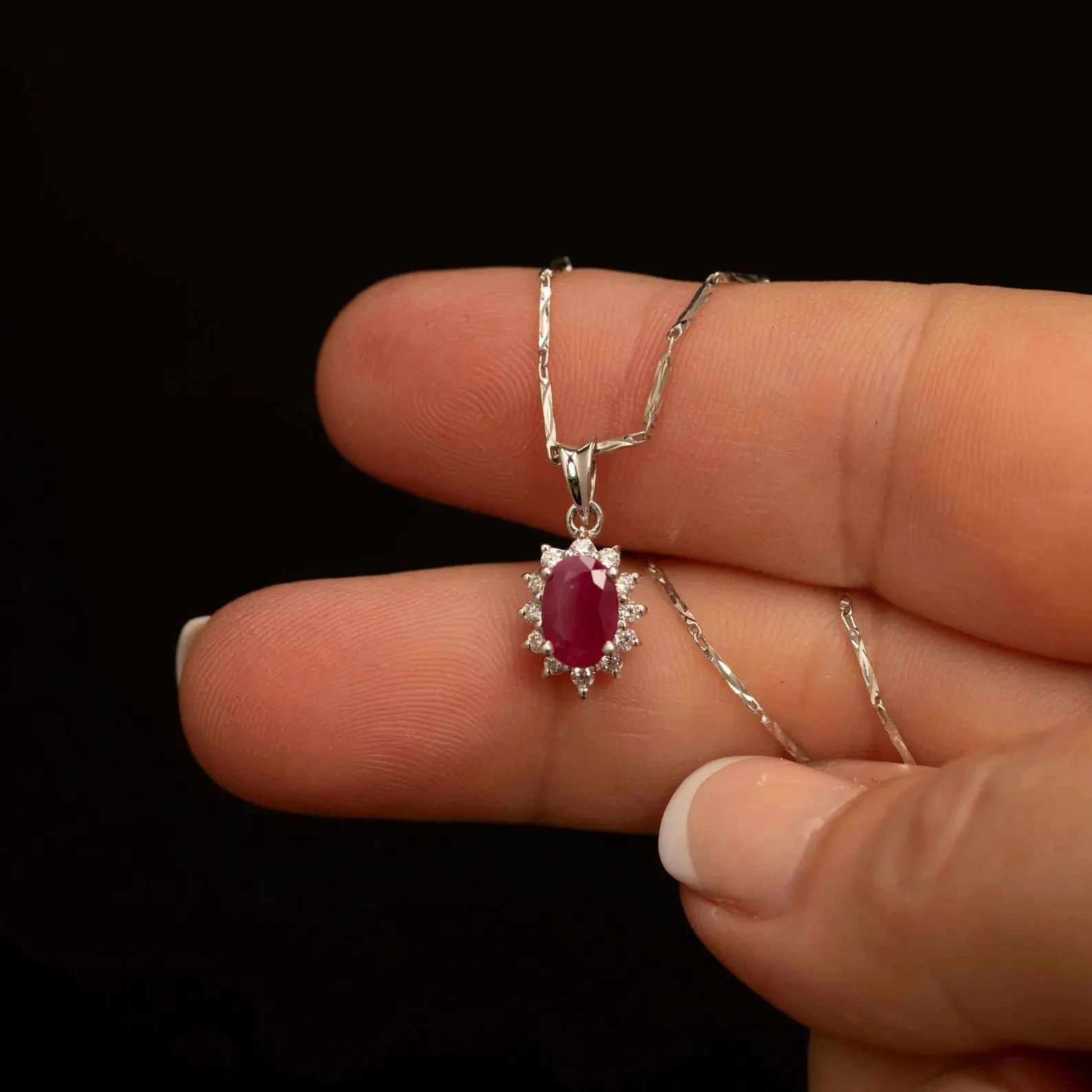 1.10Ct Ruby Gold Pendant, 14K White Gold Real Red ruby Oval Gemstone and Diamond