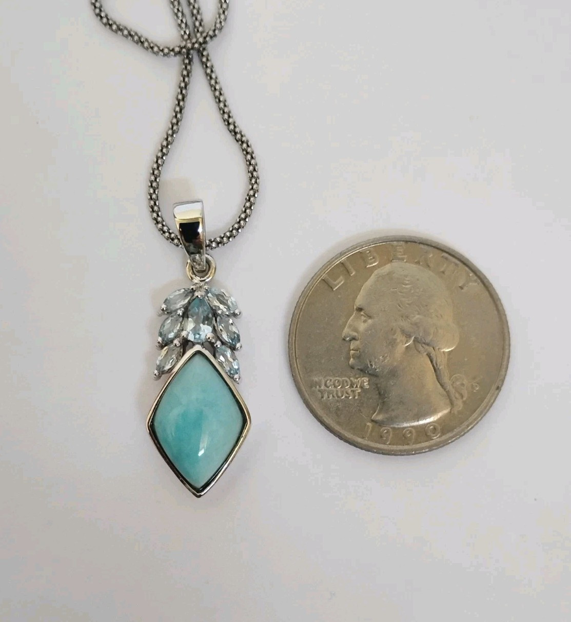 CFJ Thailand Larimar Blue Topaz Pendant Necklace Rhodium Plated Sterling Silver