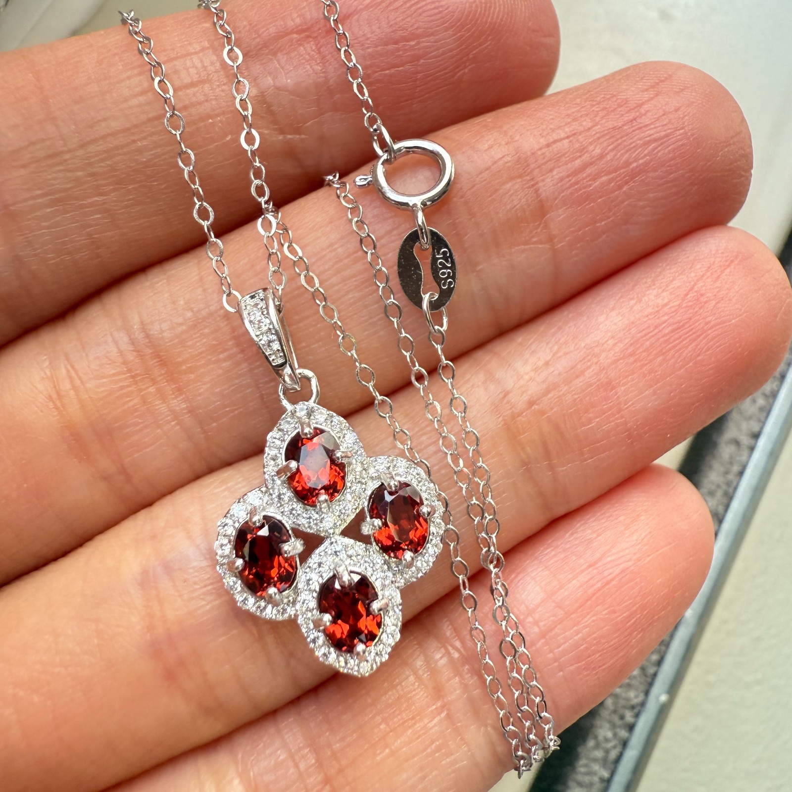 925 Sterling Silver Necklace 4x3mm Natural Garnet Gemstone Zircon Flower Chain