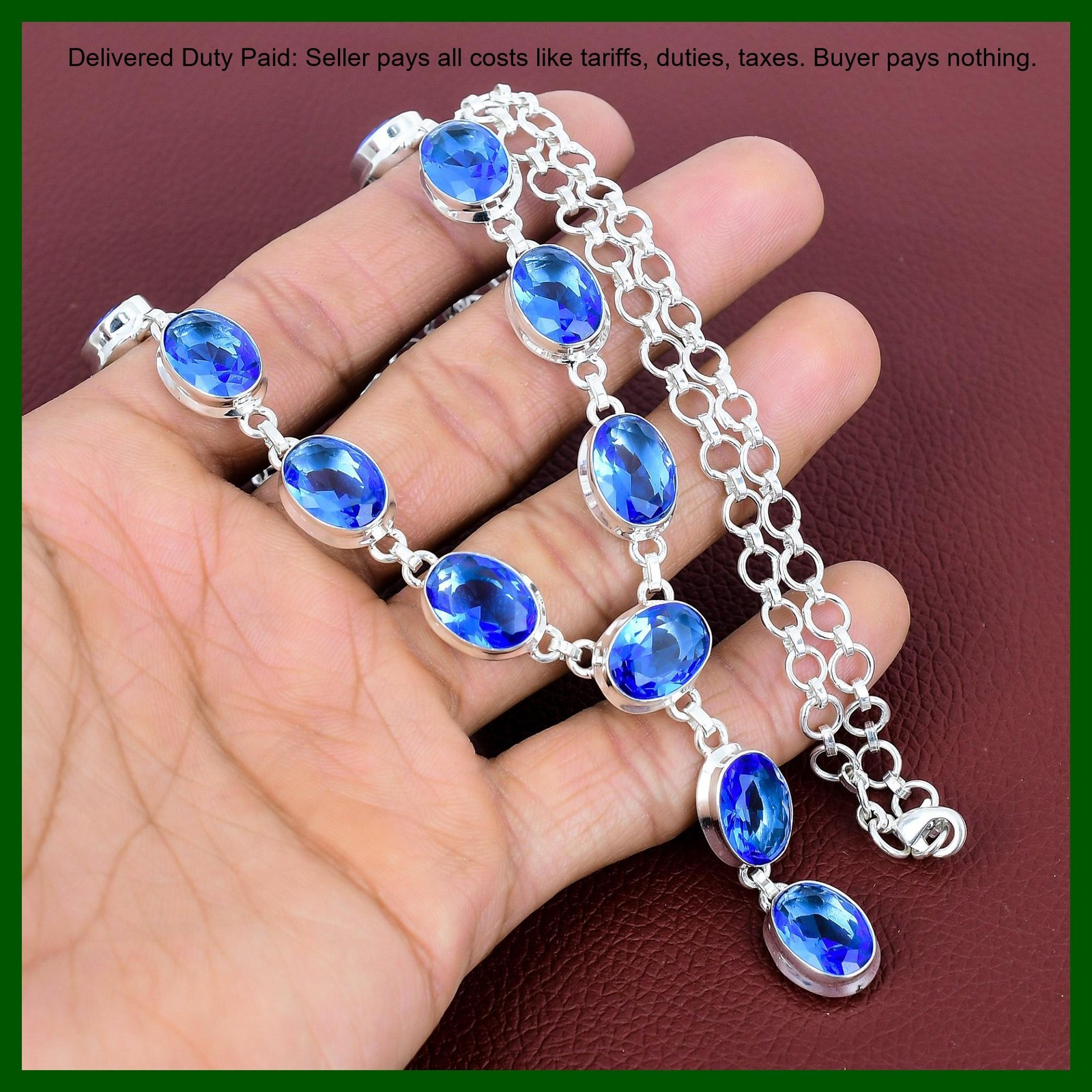 Oval Tanzanite Quartz Gemstone 925 Sterling Silver Boho Sister Chain Necklace