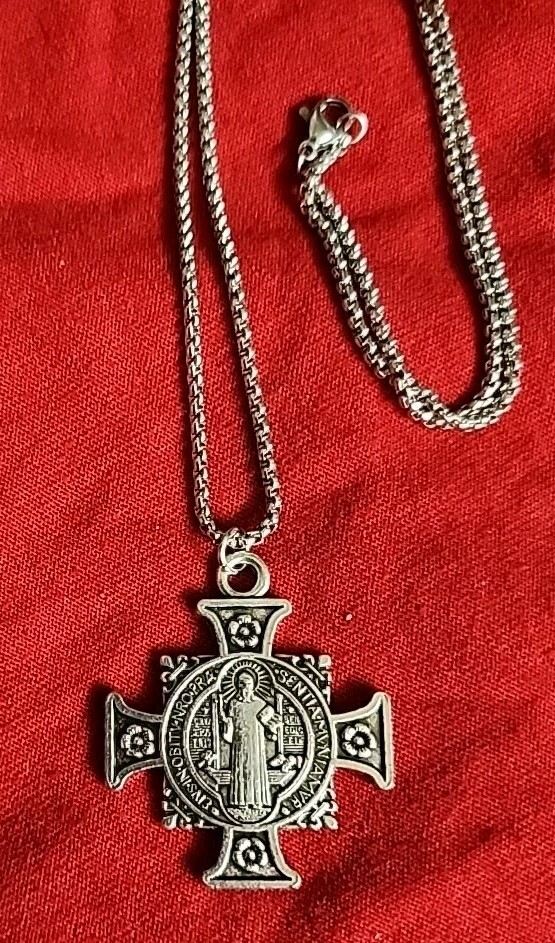 SILVER PLATED SAINT BENEDICT BMedal Cross Pendant on 22 In Chain FREE SHIPPING