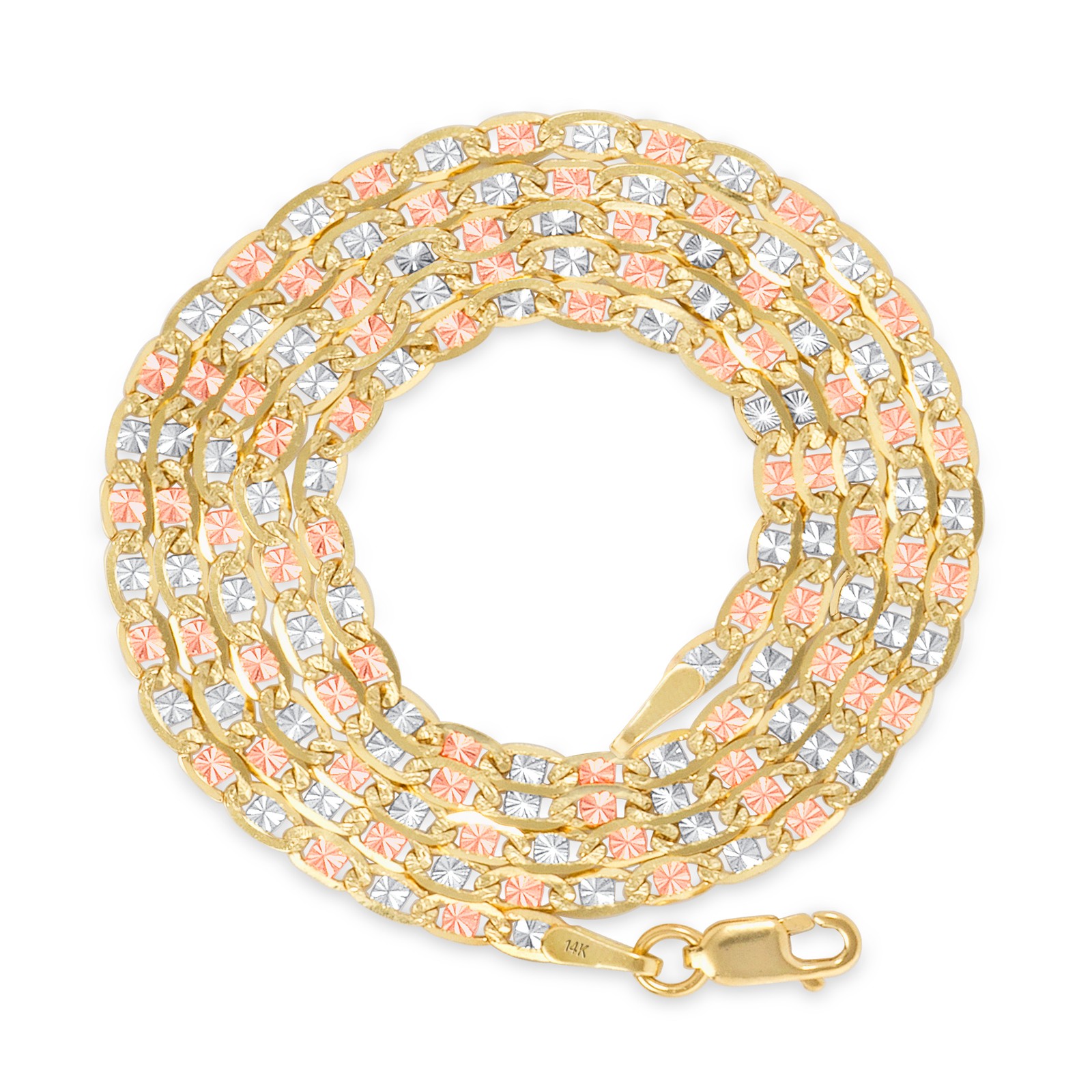 14K Solid Tri Yellow Rose White Gold 2.3mm Valentino Chain Womens Necklace 18″