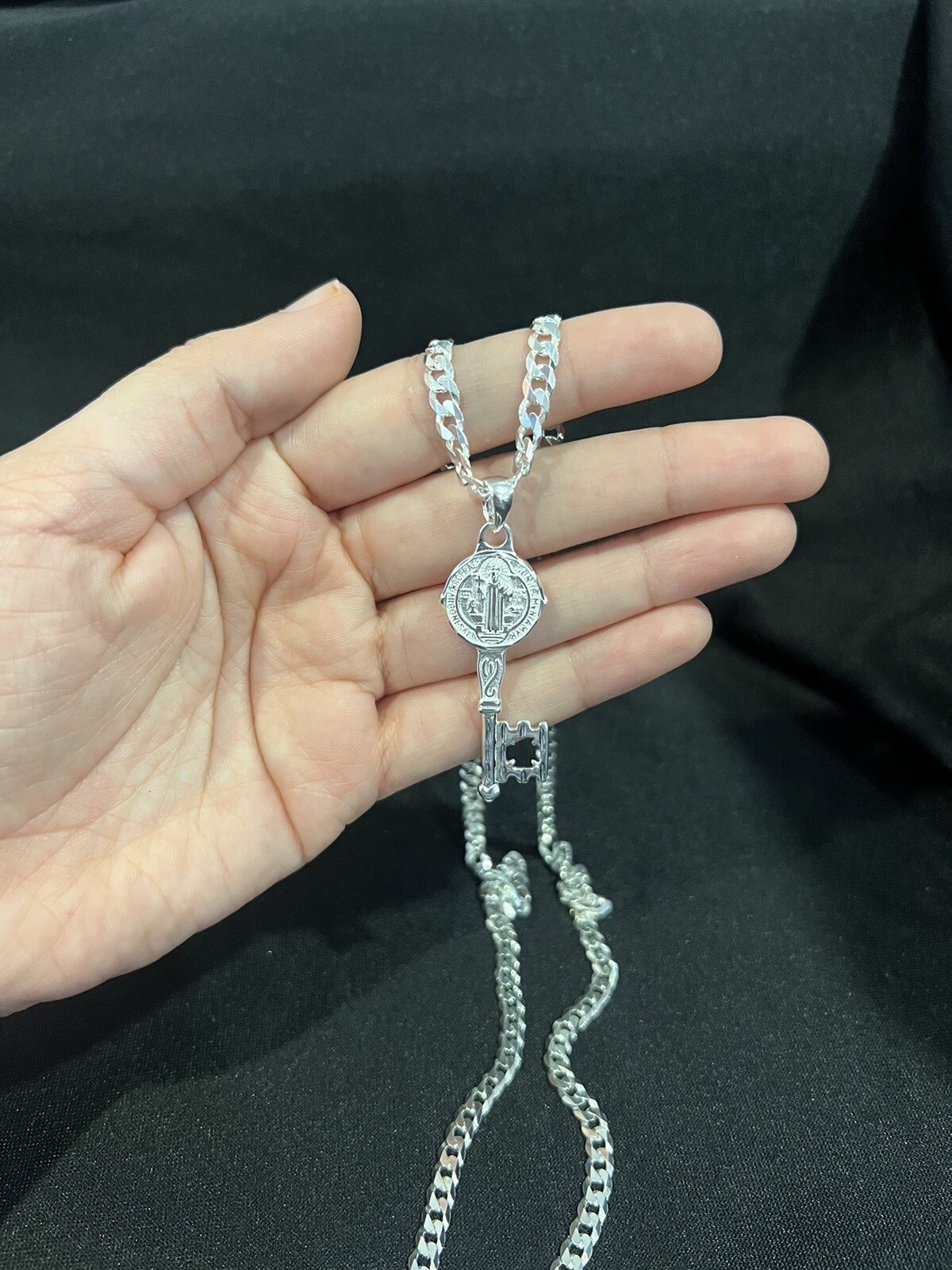 925 Sterling Silver Mens St Benedict Key San Benito Llave & Curb Chain 22 26 30