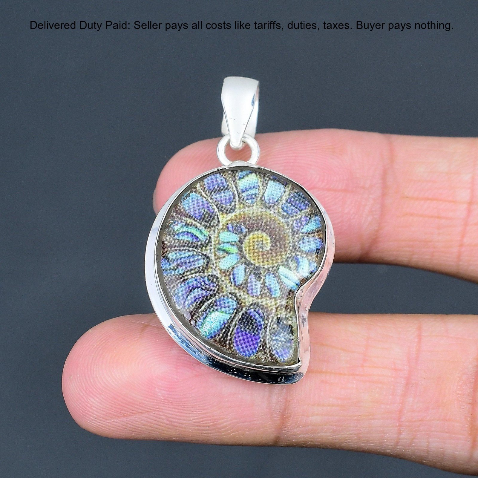 Natural Abalone Shell In Ammonite Doublet Opal Sterling Silver Pendant Jewelry
