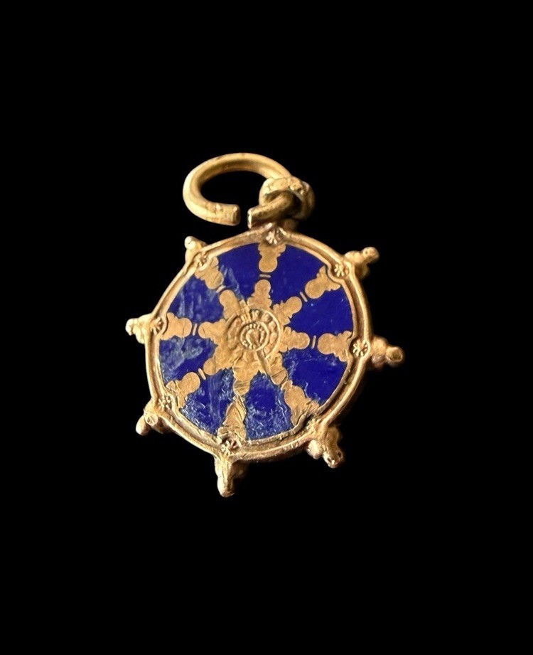 Vintage Balfour 10k Gold Buddhist Dharmachakra Wheel Charm Pendant 1/2” Signed