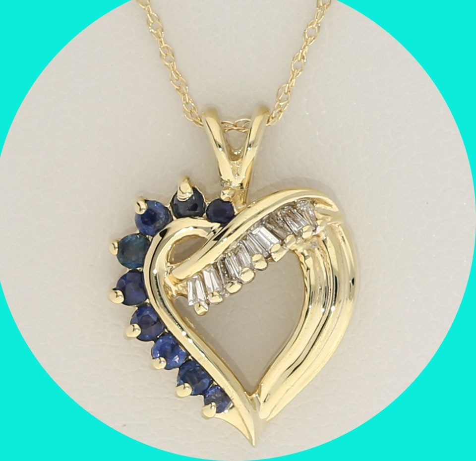 Natural Diamond Sapphire Heart Pendant Necklace .36CT Yellow Gold 18.25” Chain