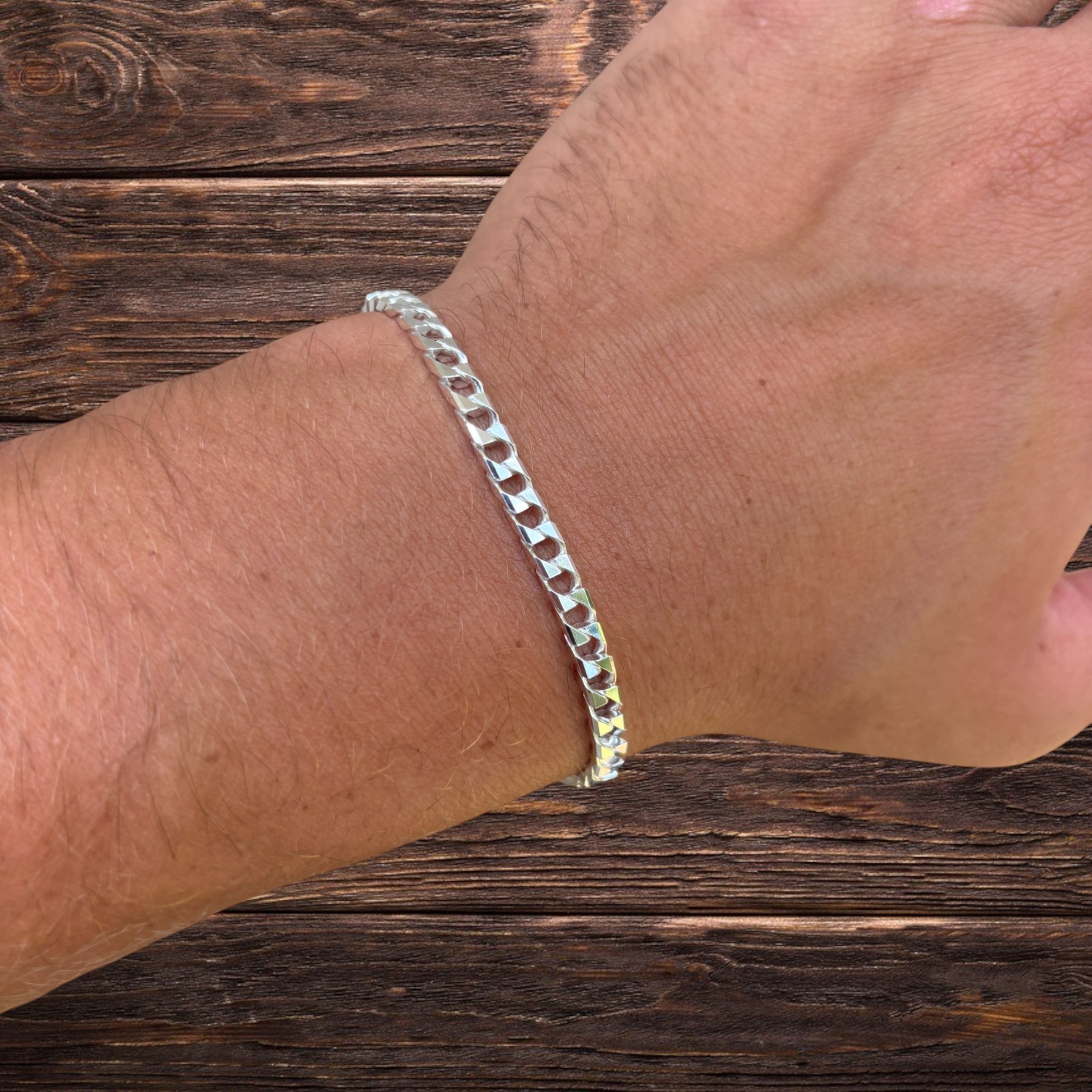 4mm Square Curb Link Bracelet – Real Solid 925 Sterling Silver MADE IN ITALY