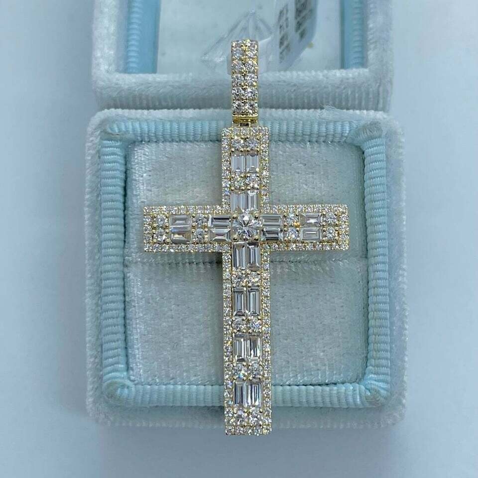 3Ct Baguette Cut VVS1 Diamond New Cross Pendant 14K Yellow Gold Over