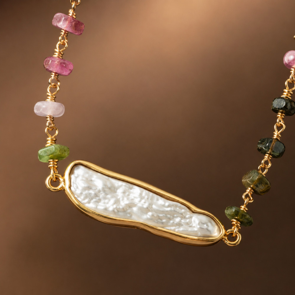 24″ 14 Karat Gold Plated Tourmaline and Cultured Freshwater Pearl Necklace