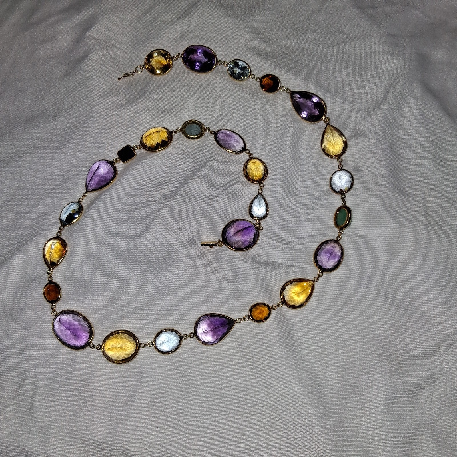 18k Yellow Gold multi color shape stone long necklace
