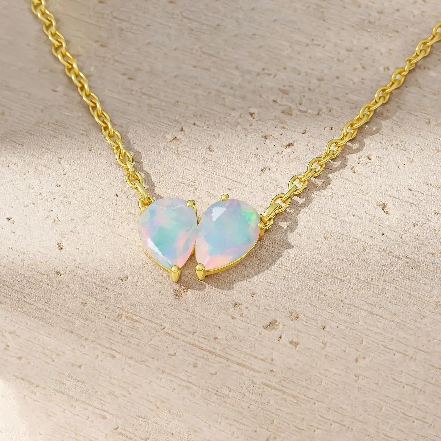 AAA White Opal Dual Pear Gemstone Necklace, Ethiopian Opal Gold Chain Pendant