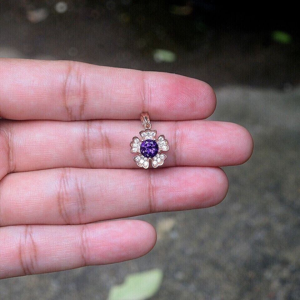 Floral Women’s Pendant 925 Sterling Silver 1.22Ct Round Lab-Created Amethyst