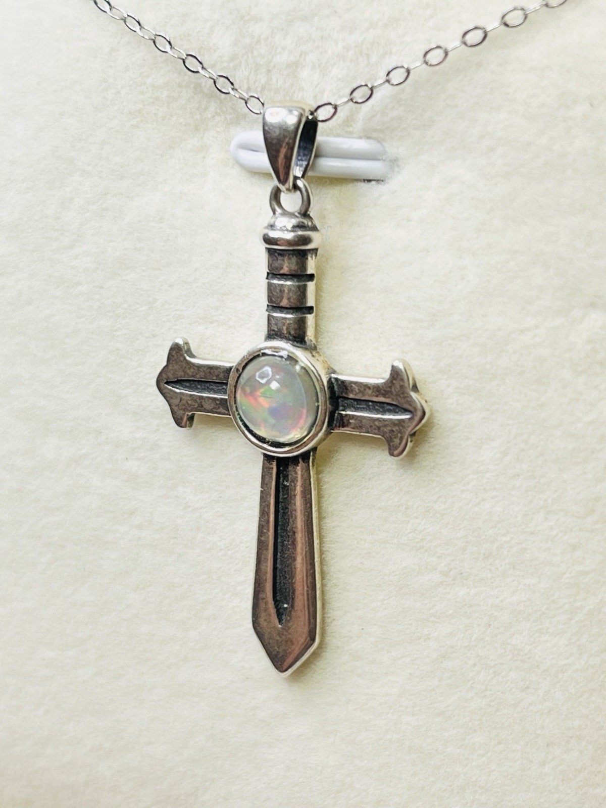 925 Sterling Silver Natural Rainbow Opal Sword Cross Pendant Necklace Unisex Man