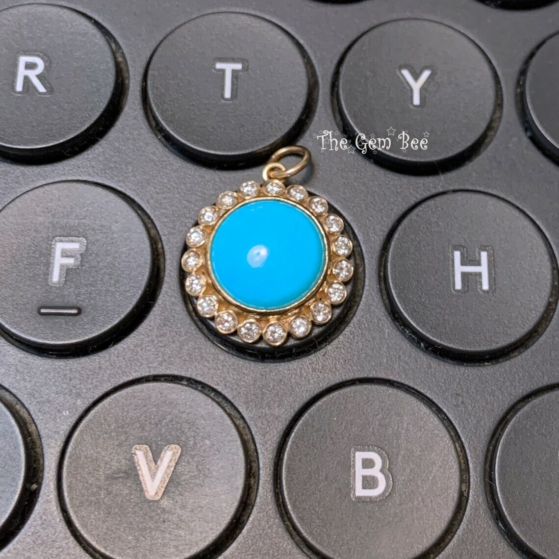 16mm 14K Yellow Gold Diamond Sleeping Beauty Turquoise Round Pendant Charm