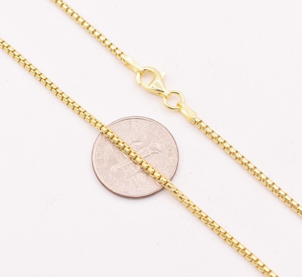 1.7mm Round Box Chain Necklace Real 14K Yellow Gold Plated Sterling Silver 925
