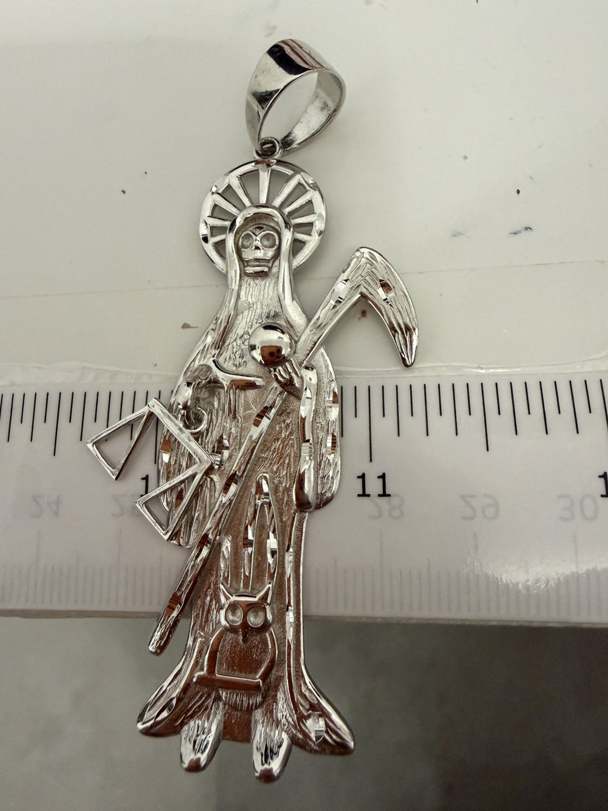 Sterling Silver Grim Reaper Pendant Dije de la Santa Muerte en PLATA XLarge 3”
