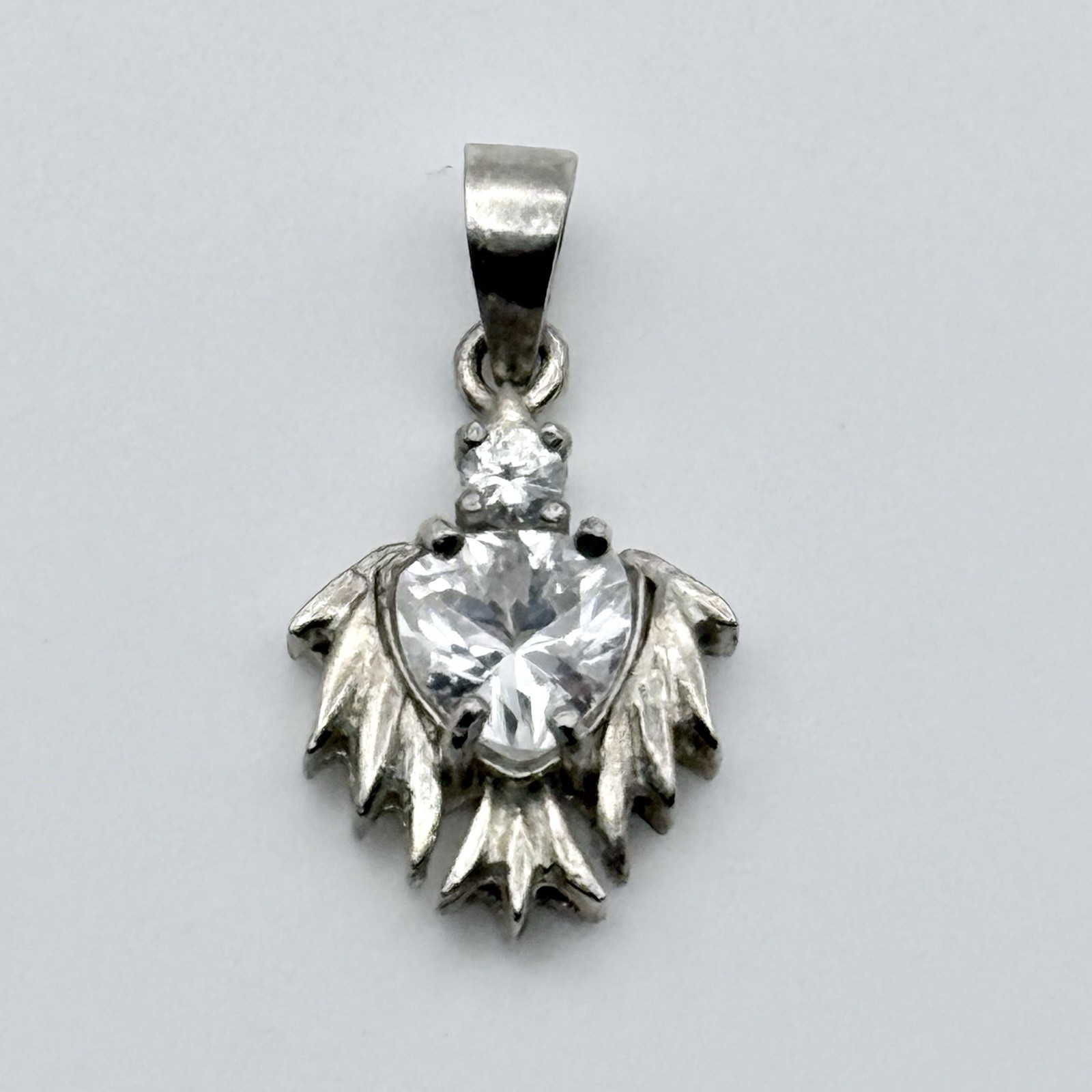 Vintage Sterling Silver 925 CZ Pendant Jewelry Angel Wings Guardian Angel NOS 1”