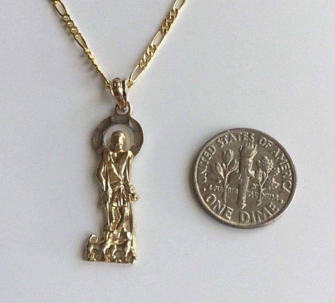 10K Solid Gold Saint Lazarus Pendant – 10K Real Gold 2mm Figaro 20″ Chain -3.2gr