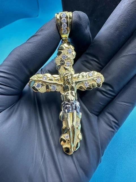 0.80Ct Round Cut Natural Moissanite Jesus Cross Pendant 14K Yellow Gold Plated