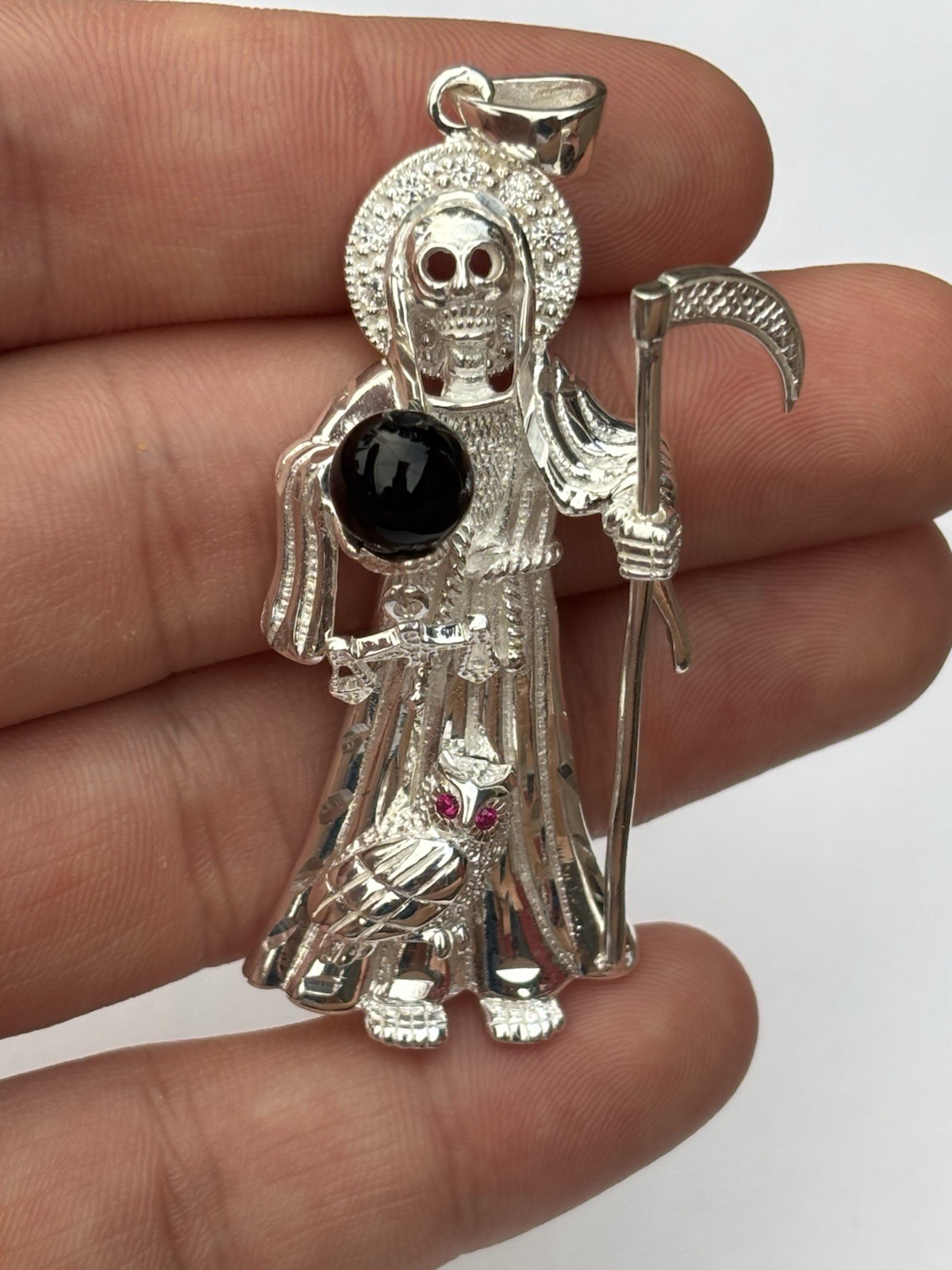 2.5″ ICED 925 STERLING SILVER LA SANTA MUERTE GRIM REAPER PENDANT CZ ONYX