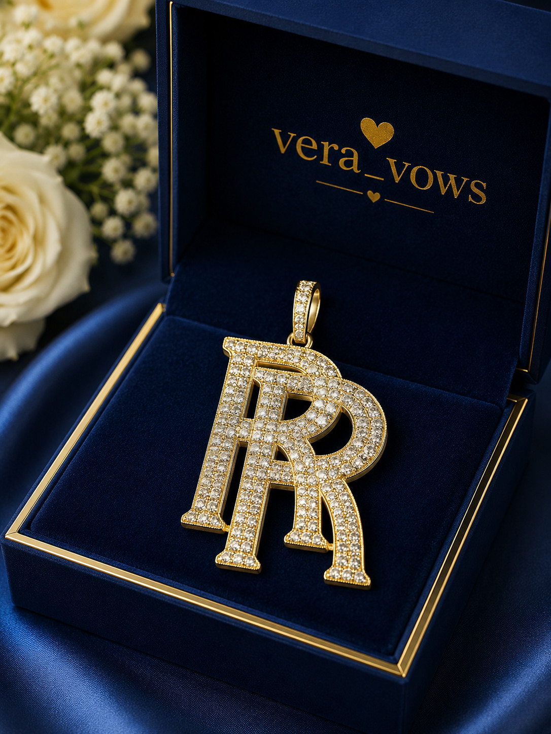 Lab-Created 14K Yellow Gold Plated Initial “RR ” Letter Round Moissanite Pendant