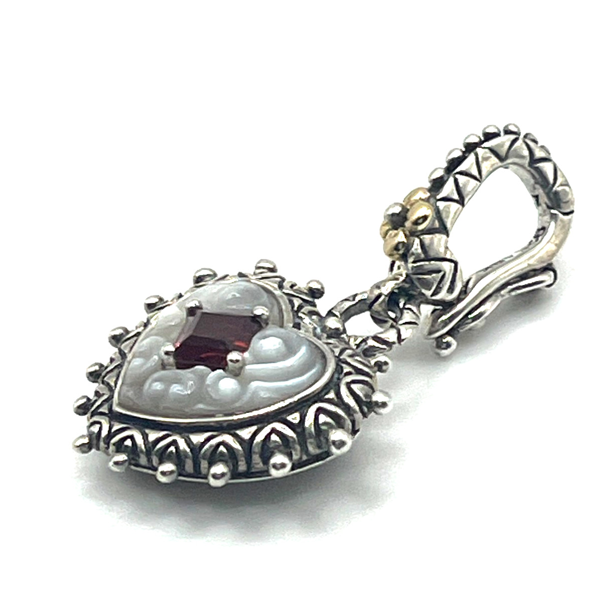 Barbara Bixby Charm Enhancer Pendant Heart Carved MOP Garnet Sterling 925 & 18K