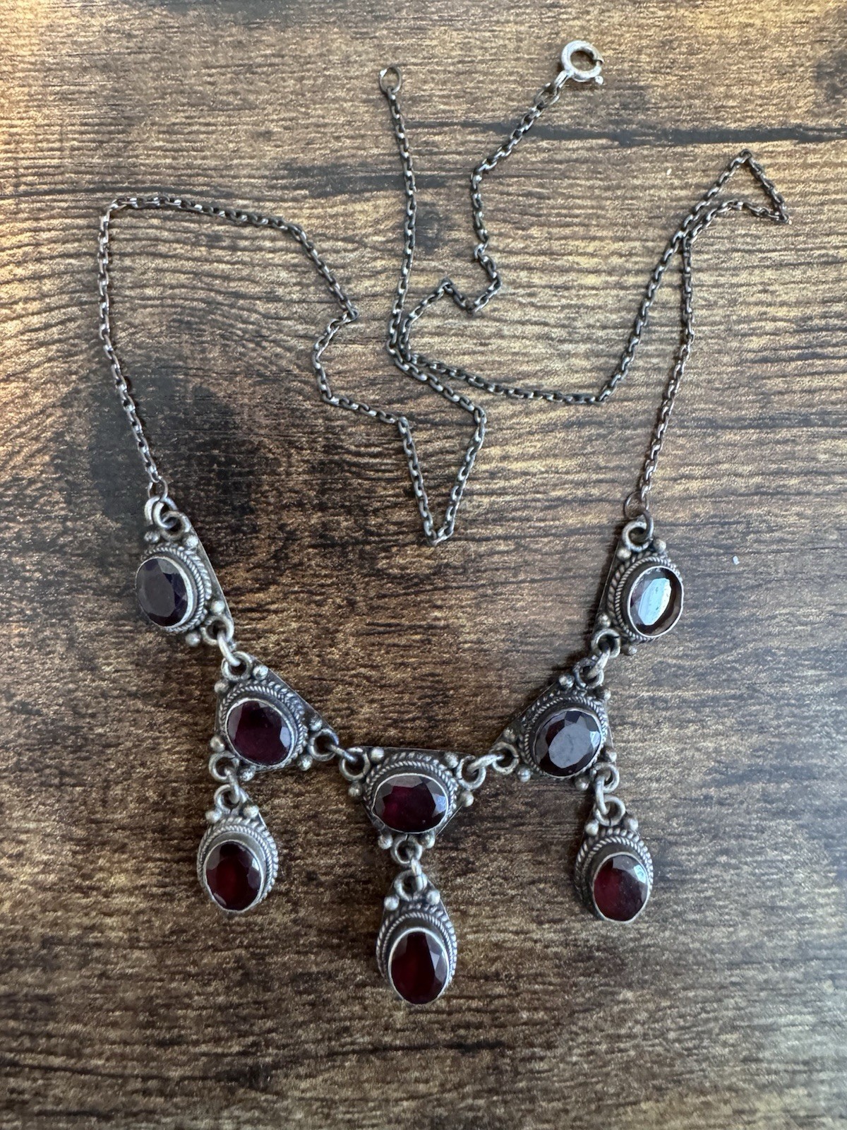 Vintage Sterling Silver 925 & 8 Garnet Cabochon Dangle Rope Necklace