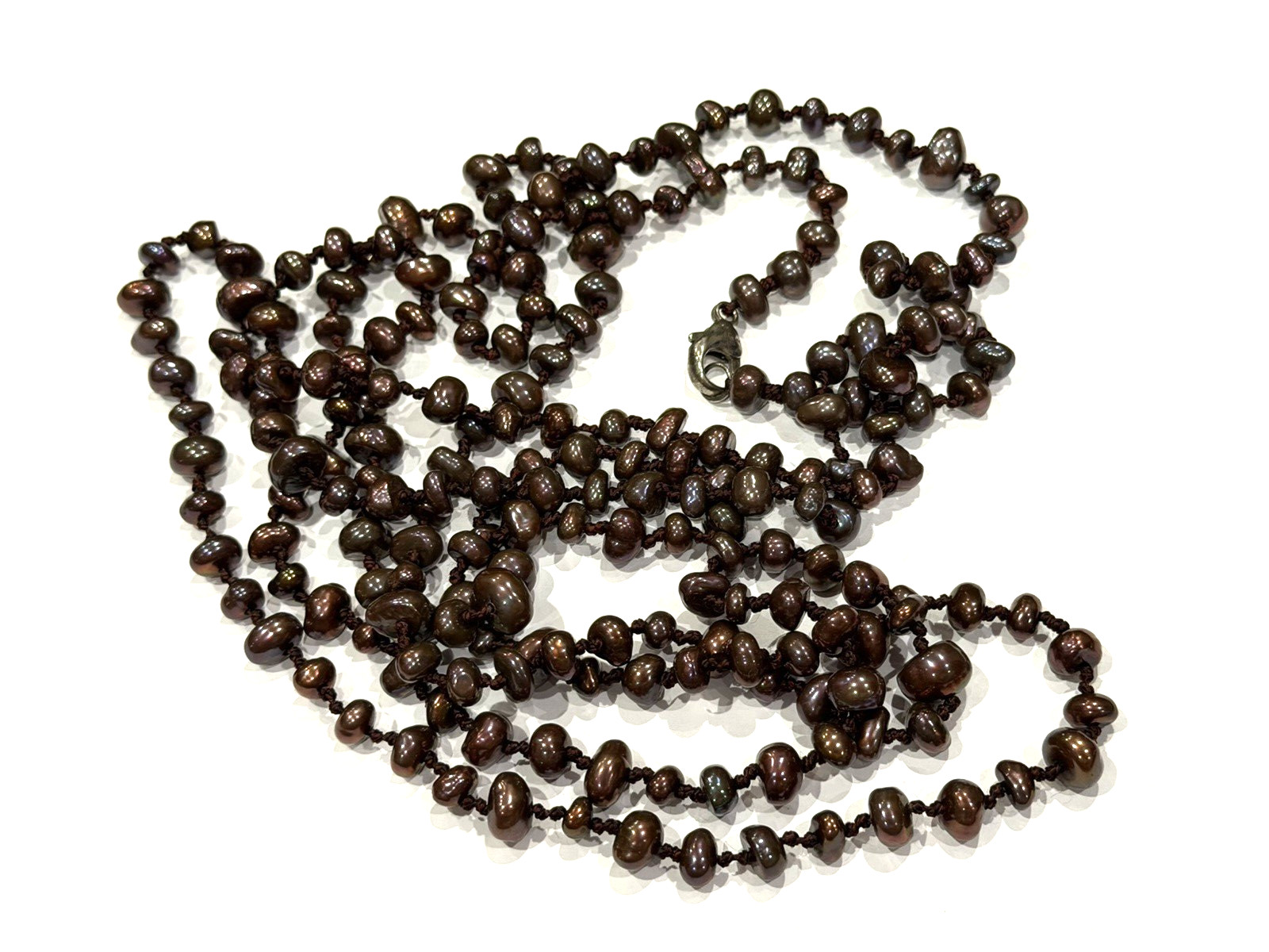 HONORA BROWN CULTURED PEARL HAND KNOTTED 72″ FLAPPER NECKLACE STERLING SILVER EU