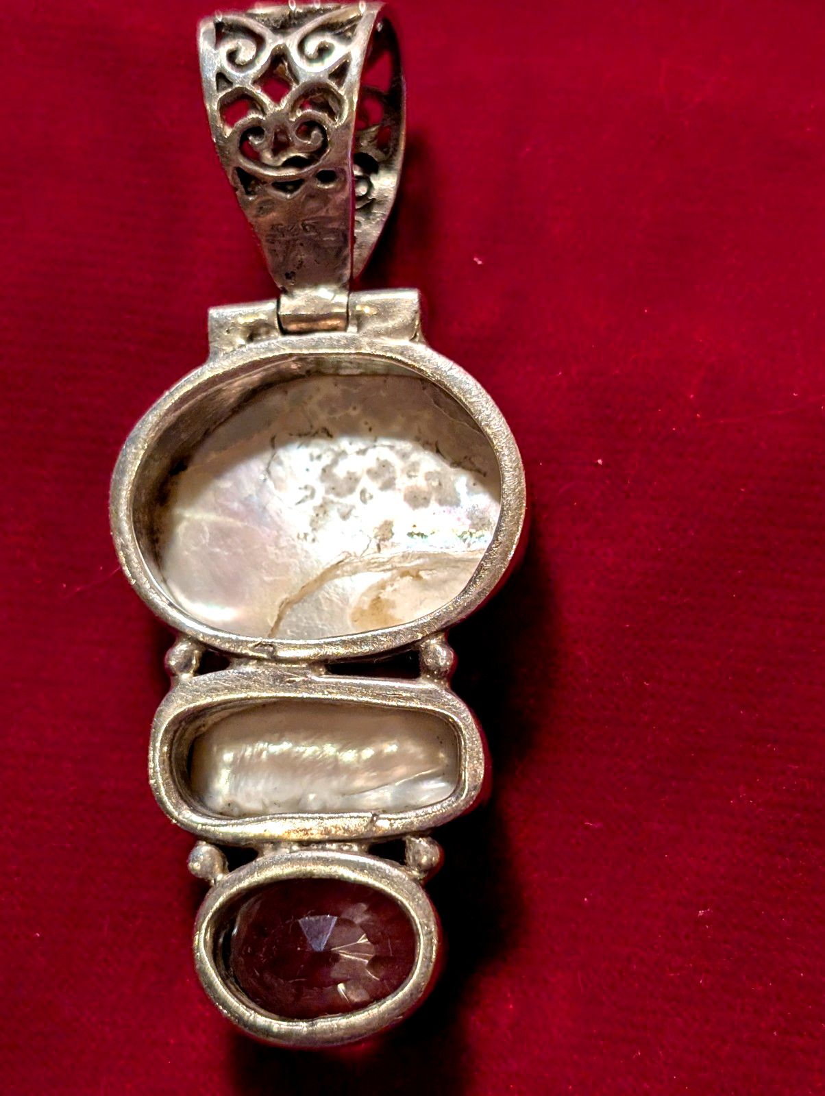 Sterling Silver 925 2 MOP & Topaz? Unique Hinged Pendant Oversized Filigree Bail