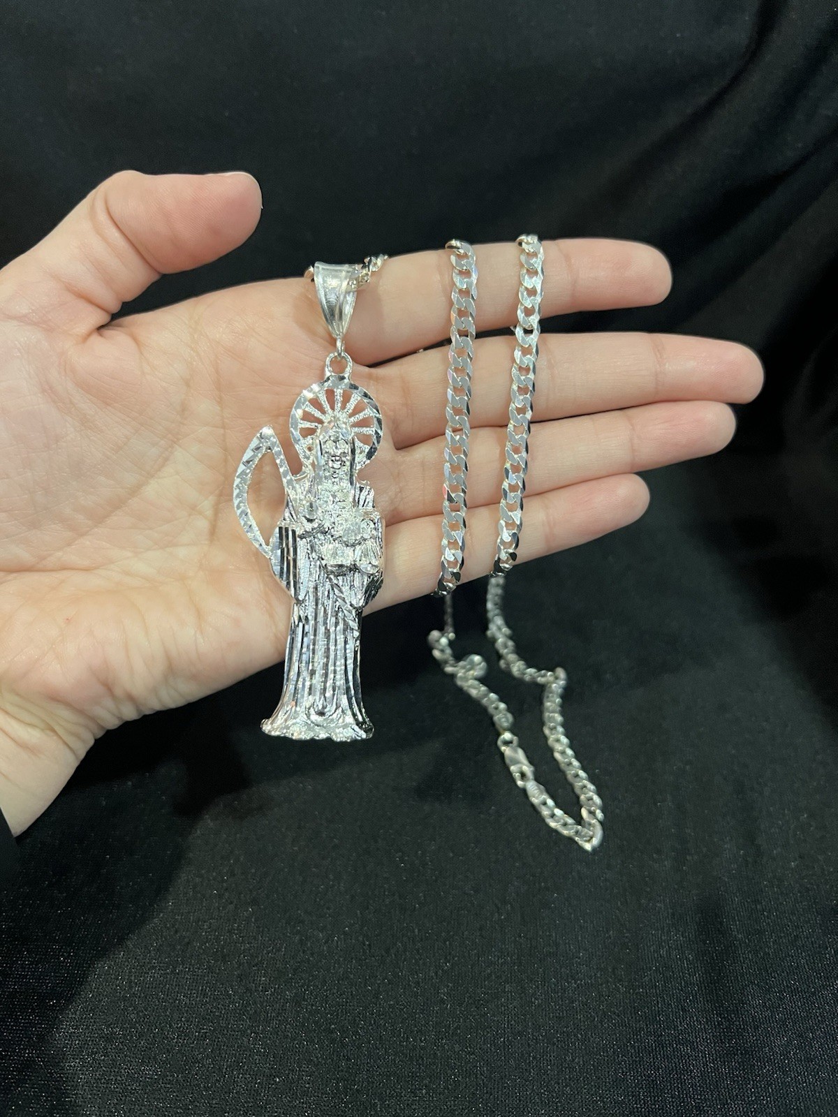 925 Sterling Silver BIG Men Women Santa Muerte Grim Reaper Curb Chain 20 24 30