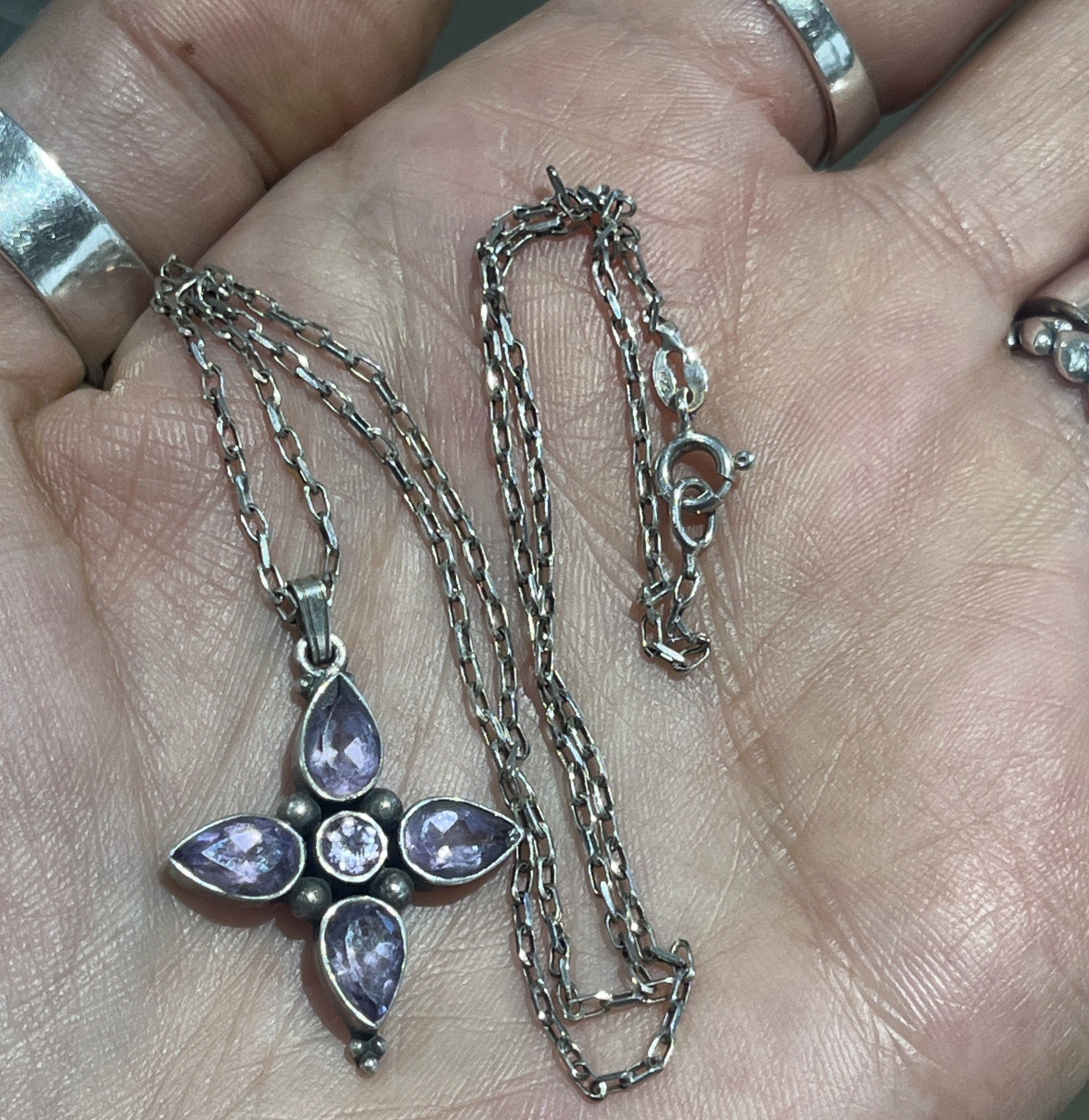 VINTAGE 925 Amethyst Pendant, Gothic Solid Sterling Silver Faceted Cross/Flower