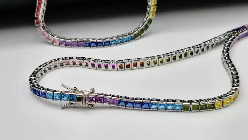 20TCW Princess Lab Created Rainbow Sapphire Tennis Necklace 925 Sterling Silver