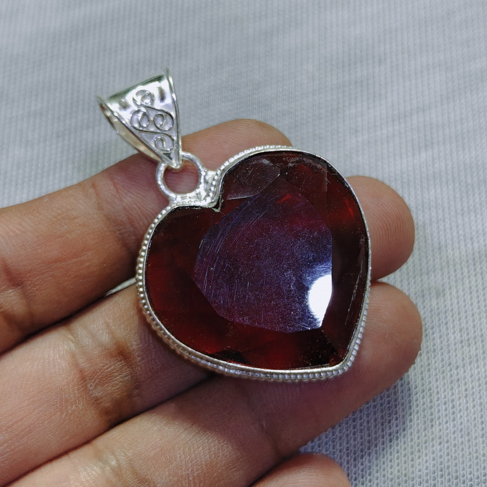 Red Garnet Quartz Gemstone Pendant Handmade Sterling Silver Heart Cut Pendant