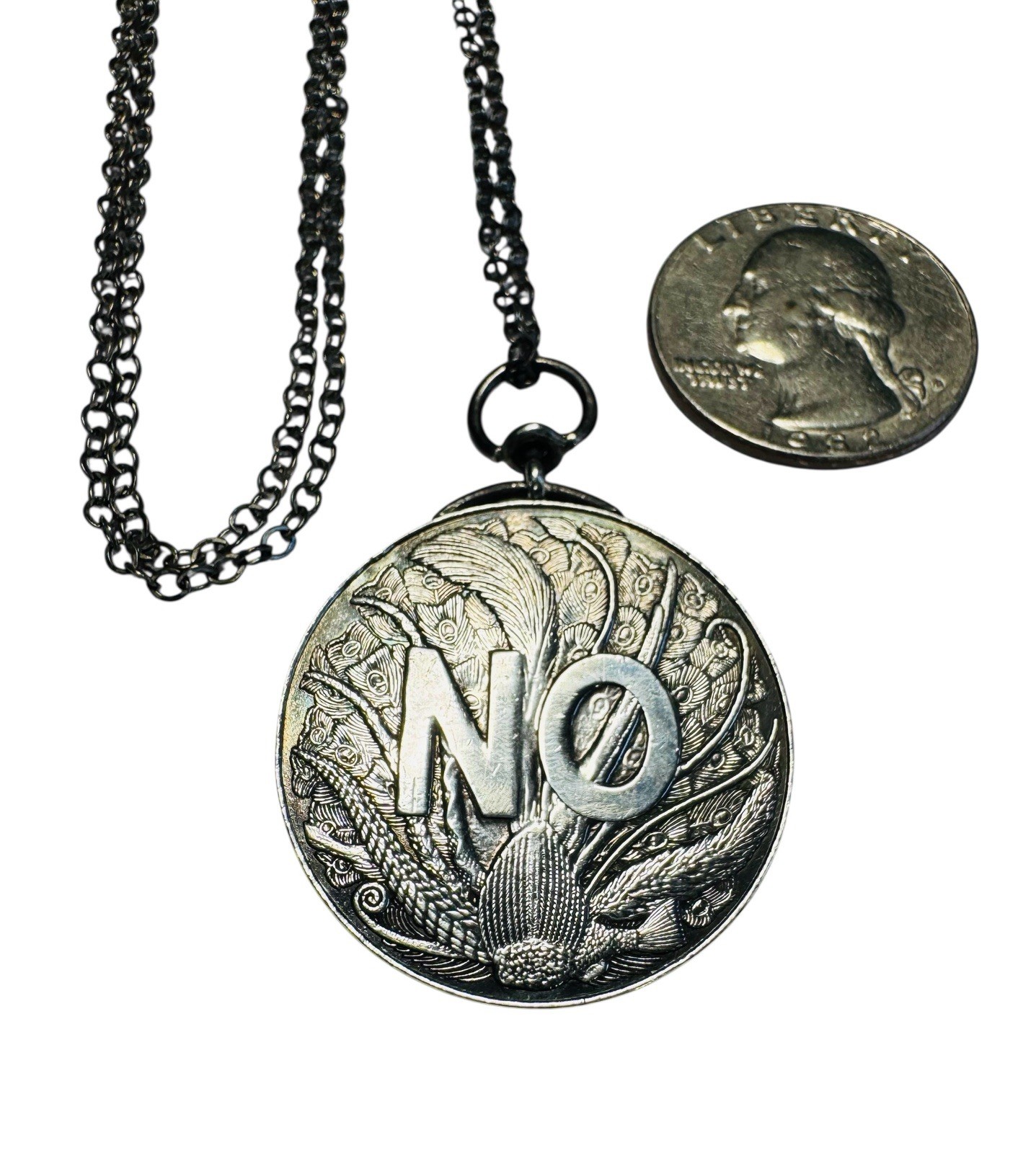 Vtg Sterling Silver Yes No Quandary Coin Pendant Necklace High Detail Animals