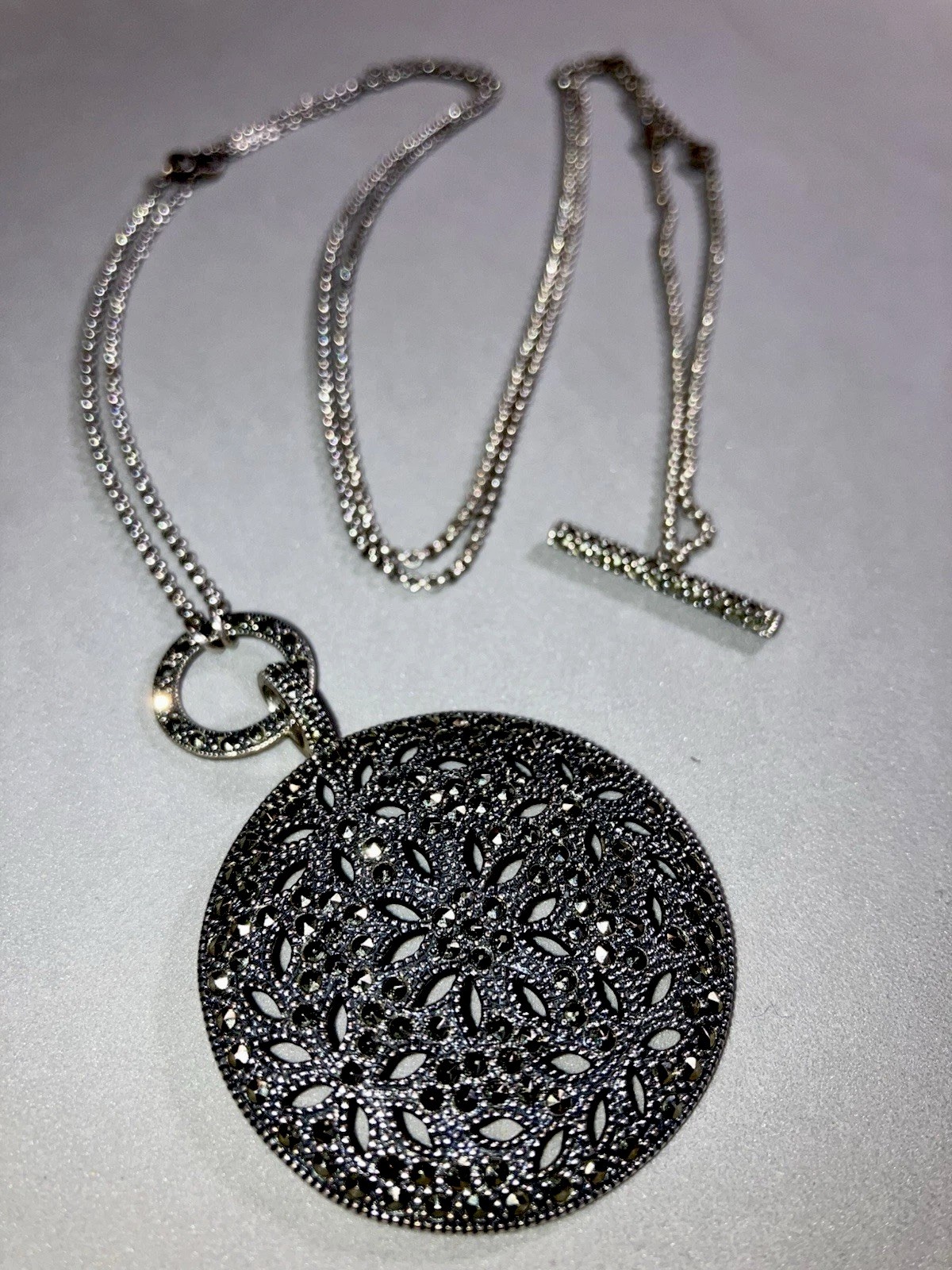 Vintage Judith Jack $285 Sterling Silver 925 Marcasite Dome Pendant Necklace 36”