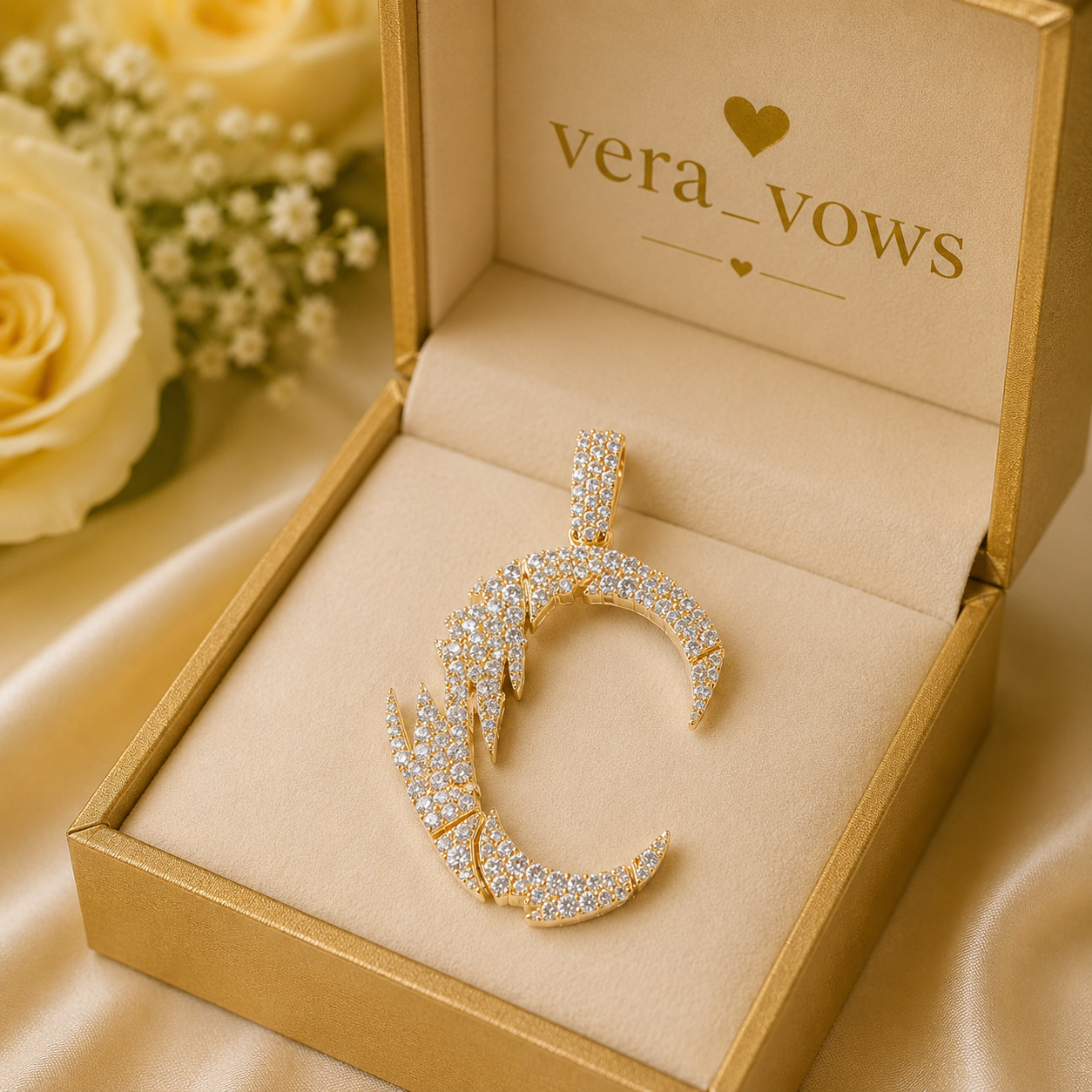 14K Yellow Gold Plated Round Moissanite Initial “C ” Letter Lab-Created Pendant