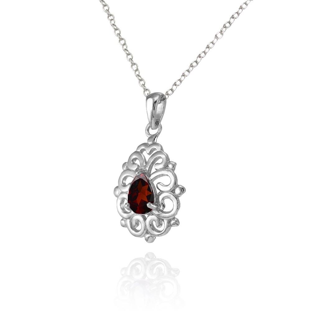 Sterling Silver Garnet Filigree Teardrop Necklace