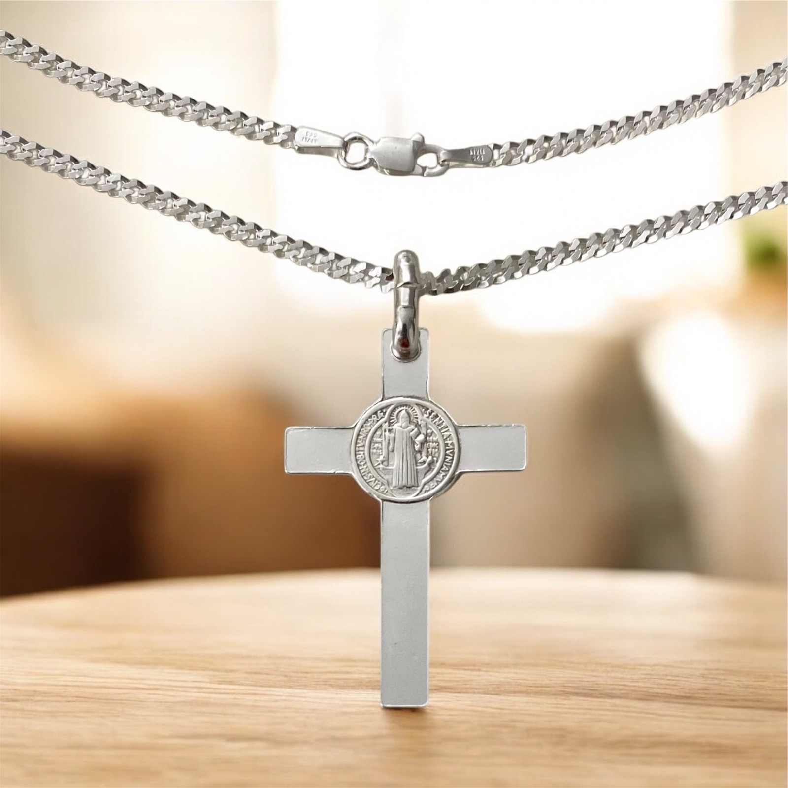 Solid 925 Sterling Silver Saint Benedict Cross Pendant San Benito Necklace-ESP40