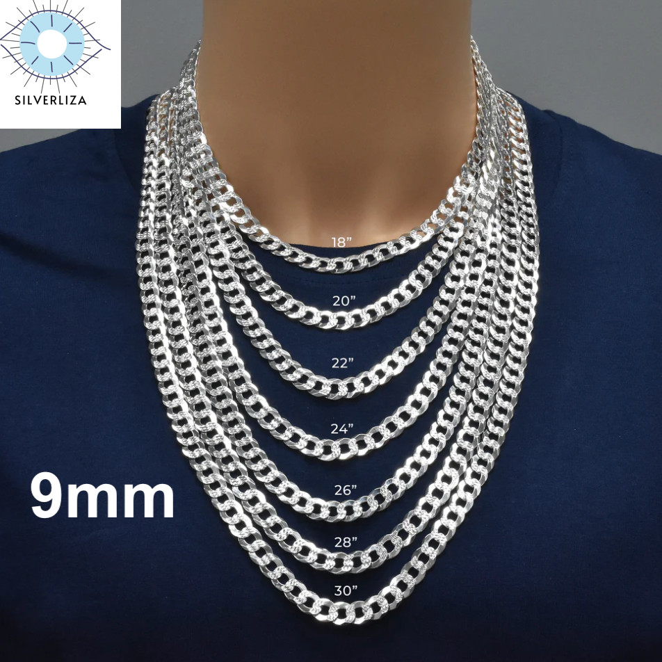 Real 925 Sterling Silver Mens Diamond Cut Curb Cuban Chain Bracelet or Necklace
