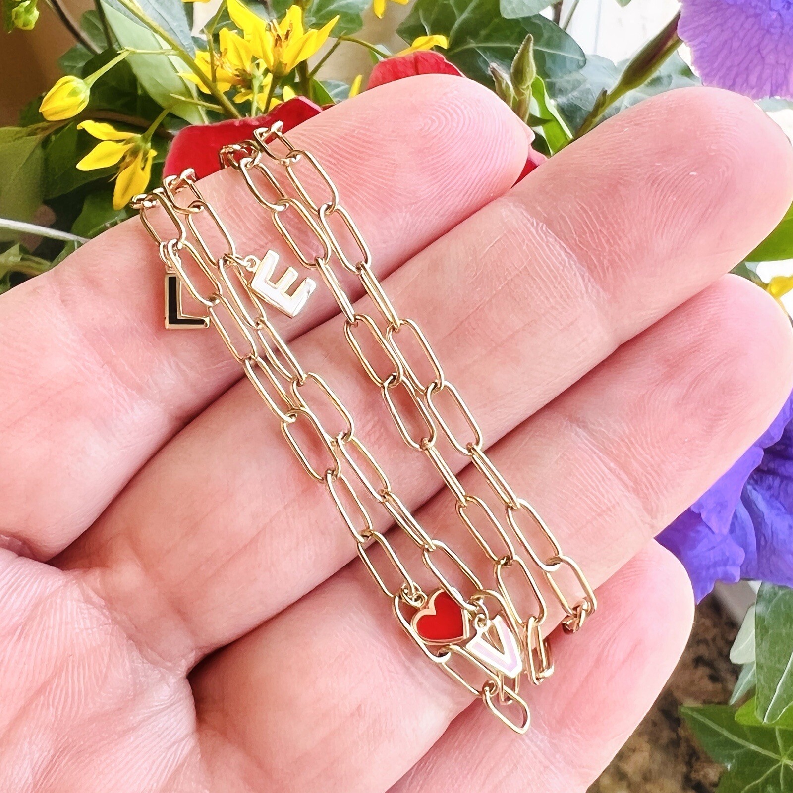 Solid 14k Yellow Gold Paper Clip Enameled “LOVE” Charm Necklace, 17″ New