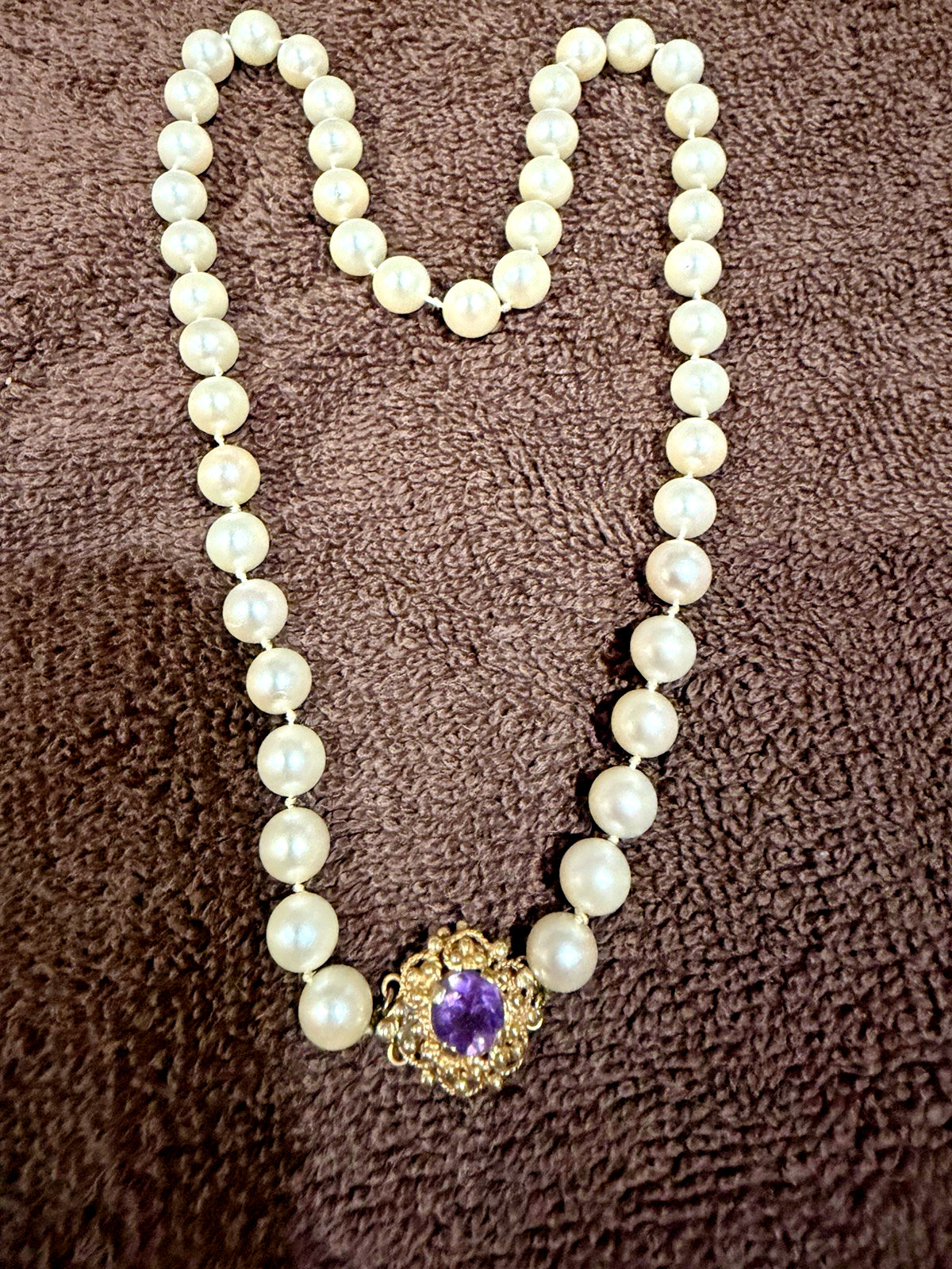 Saltwater Pearls Strand With 14 Karat Gold Amethyst Clasp Vintage Jewelry Nice