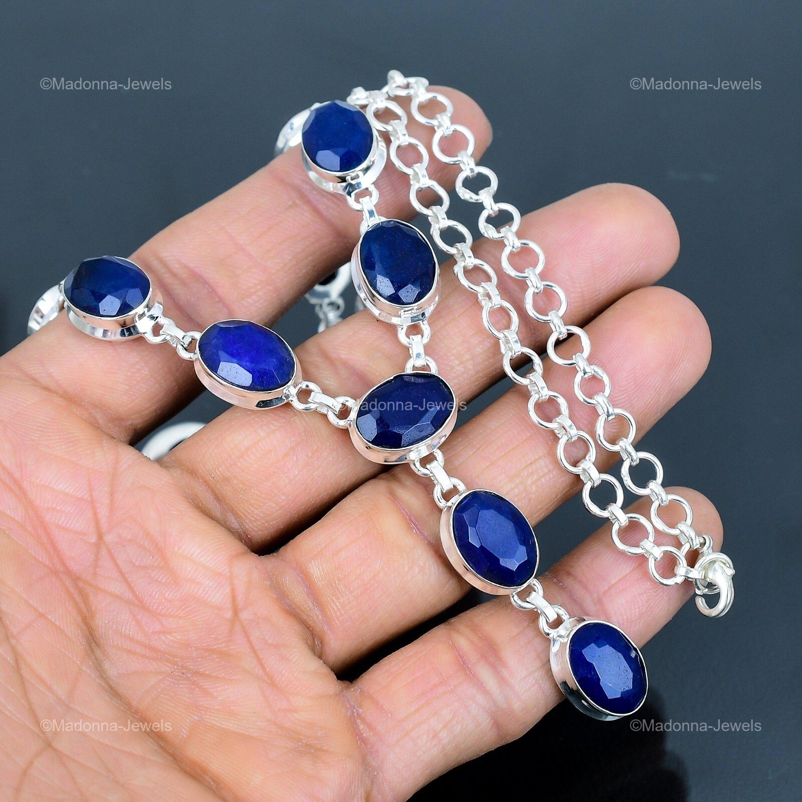 Womens day Deal Blue Saphire Gemstone Chain Necklace Jewelry 925 Sterling Silver