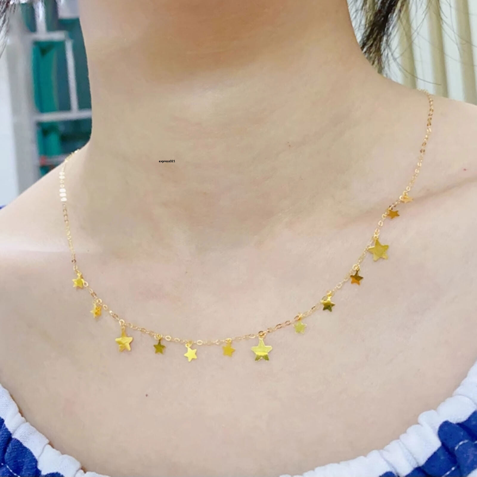 Pure 18K Yellow Gold Chain Women Star Tassel O Link Adjust Necklace 17.3inch