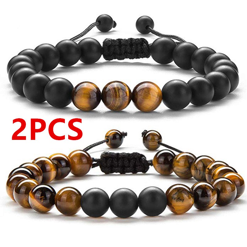 2PCS Beaded Bracelets Set Beaded Natural Stone 8mm Tiger Eye Matte Rock Bracelet