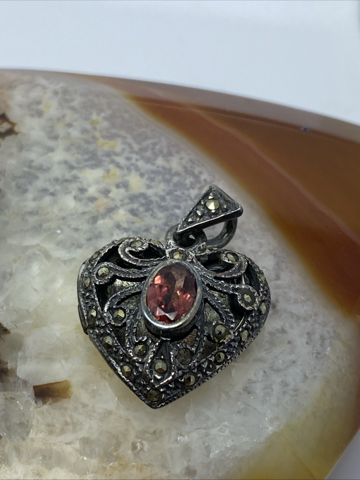 Sterling Silver Garnet And Marcasite Heart Locket Style Pendant