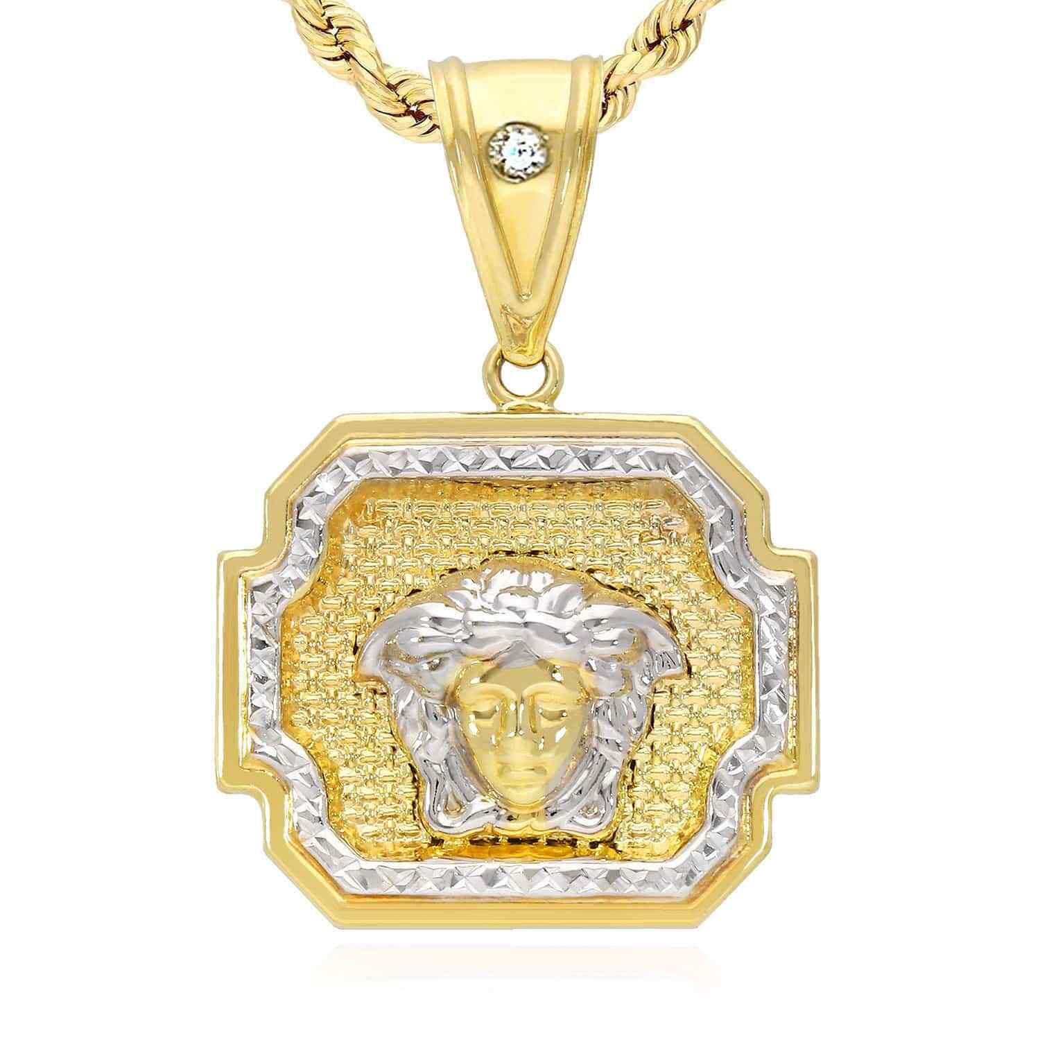 10K Yellow White Gold Two-Tone Framed Medusa Head Medallion Pendant 1.2″- 1.6″