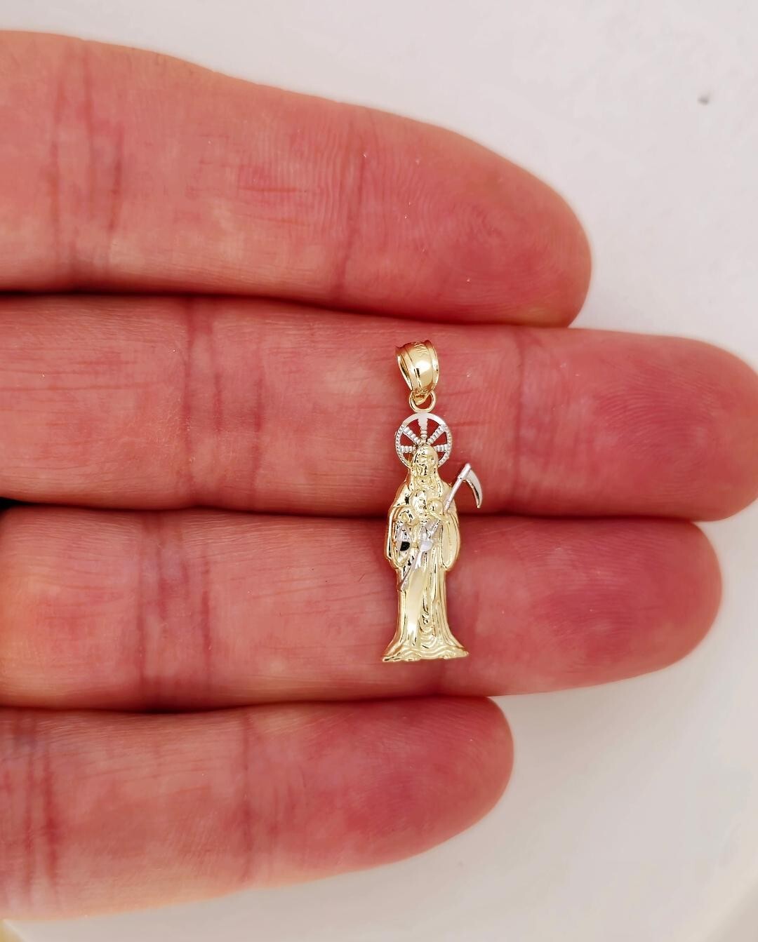 14K Solid Real 2 Tone Gold Grim Reaper-Death-De La Santa Muerte Small Pendant