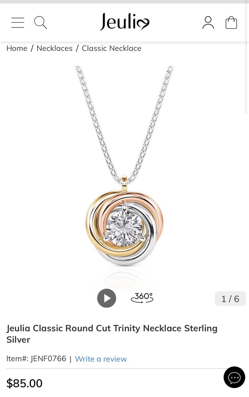New! Jeulia Classic Round Cut Trinity Necklace Sterling Silver