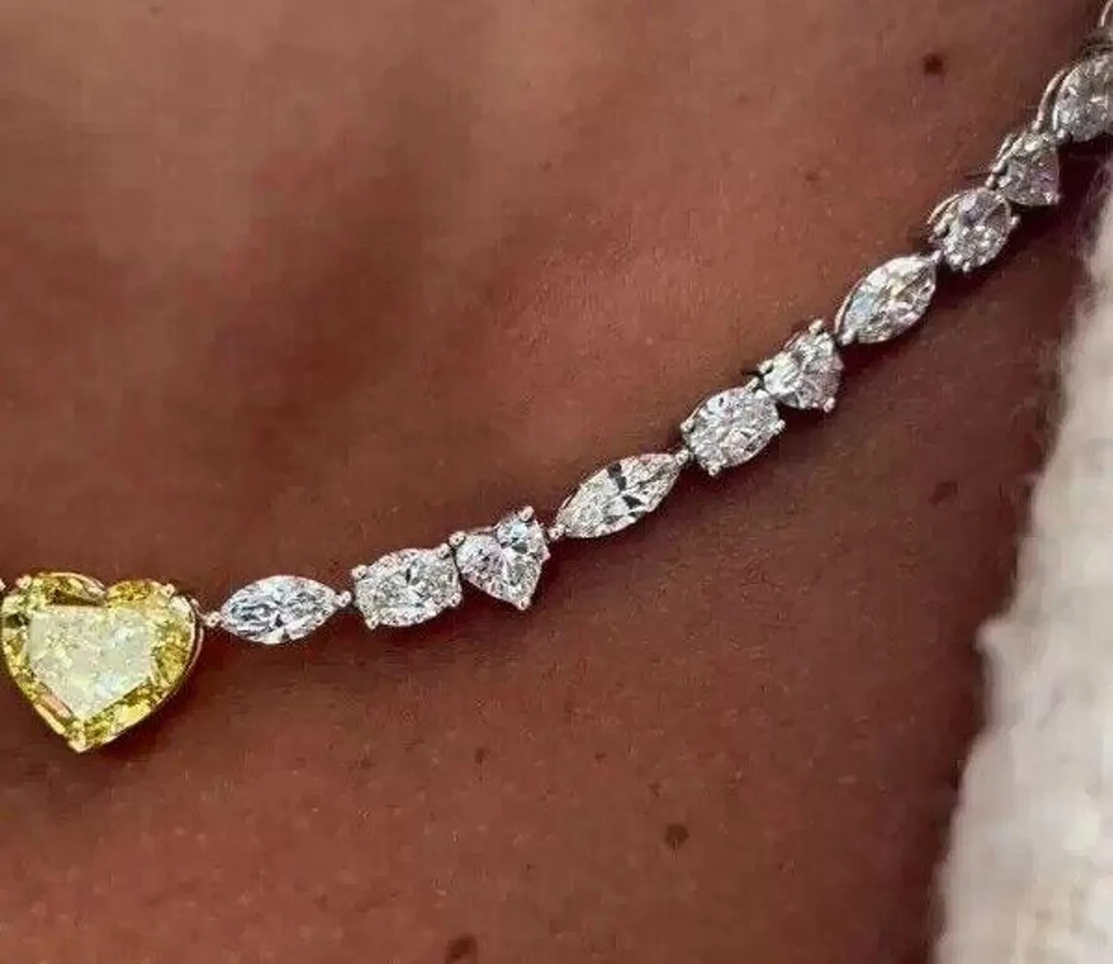 Multi-Shaped Canary Yellow & White Diamond 14K White Gold Over Tennis Necklace